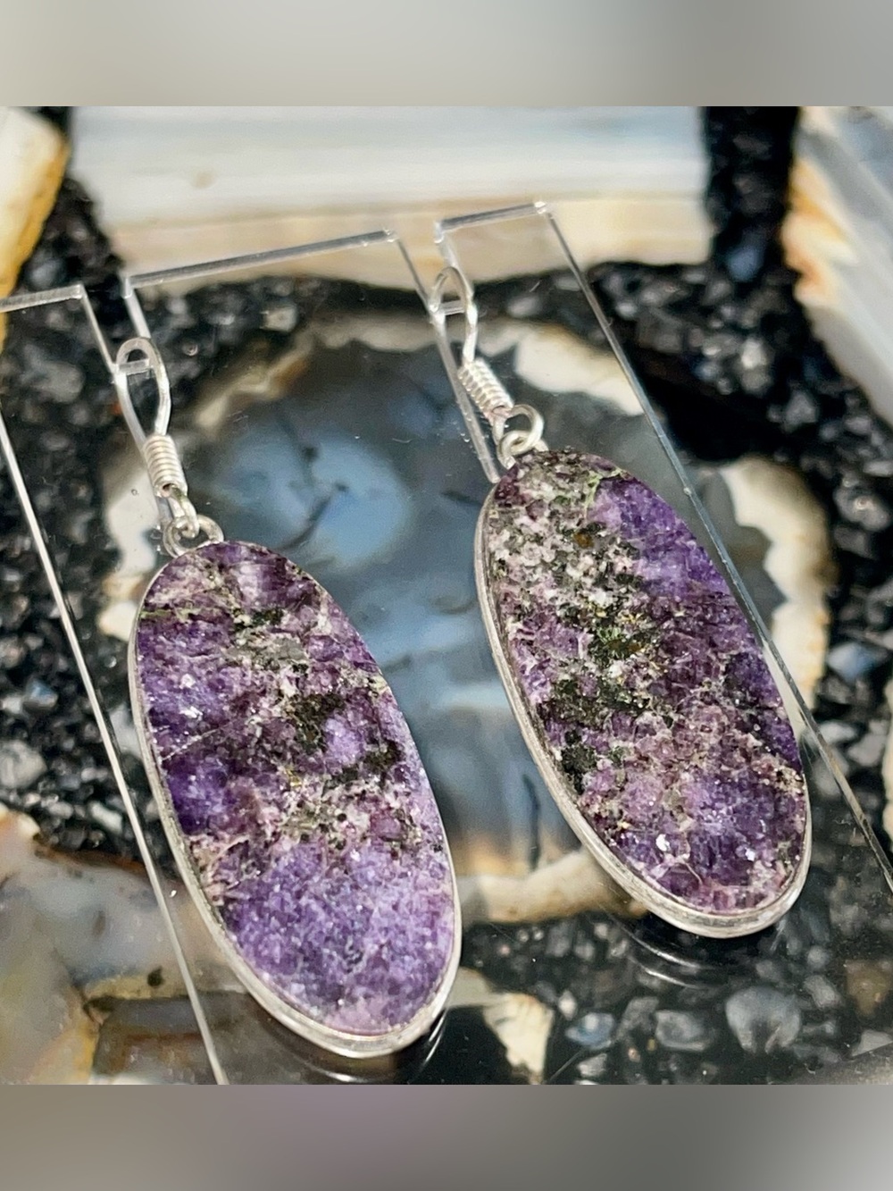 Dark Purple Lepidolite Crystal Earrings 2 1/4”